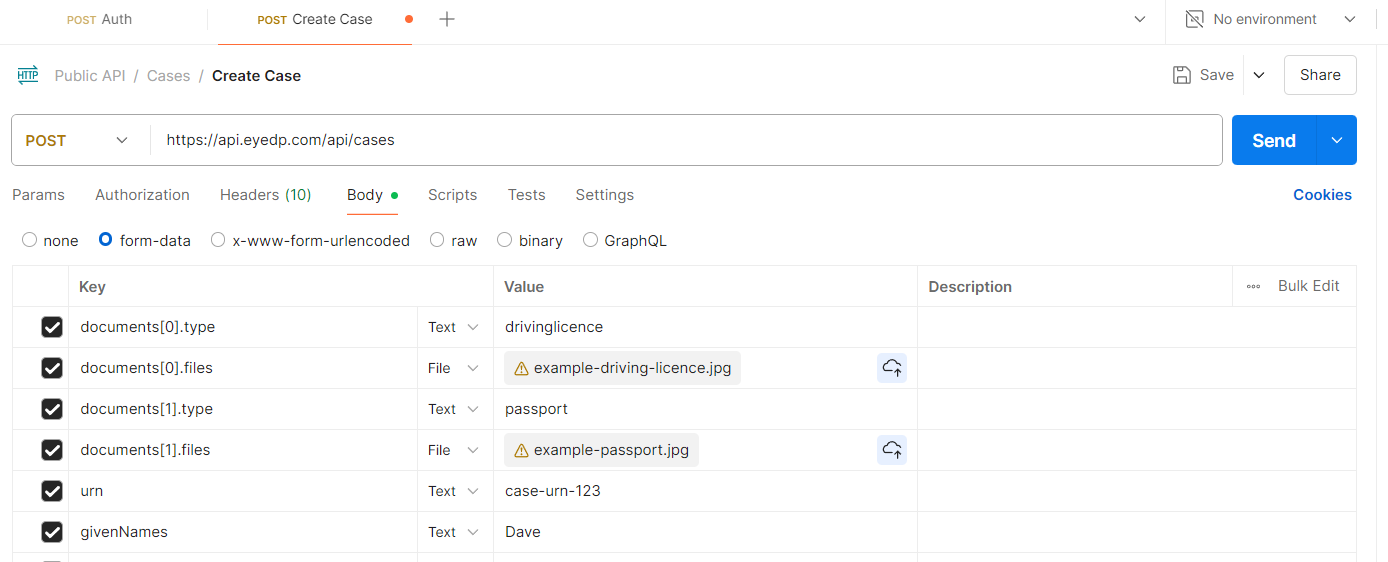 Creating a case with multiple documents in Postman