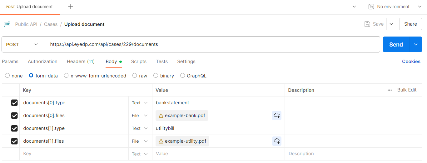Uploading multiple documents in Postman