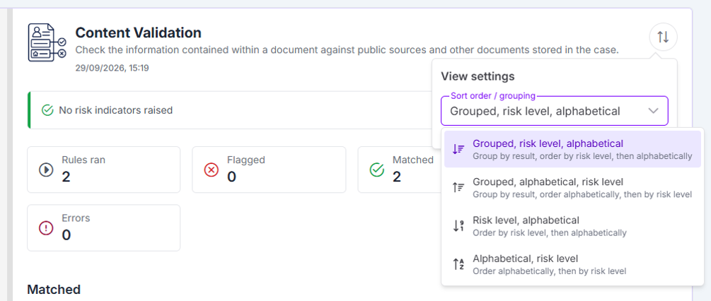 Content Validation view showing grouping and ordering options