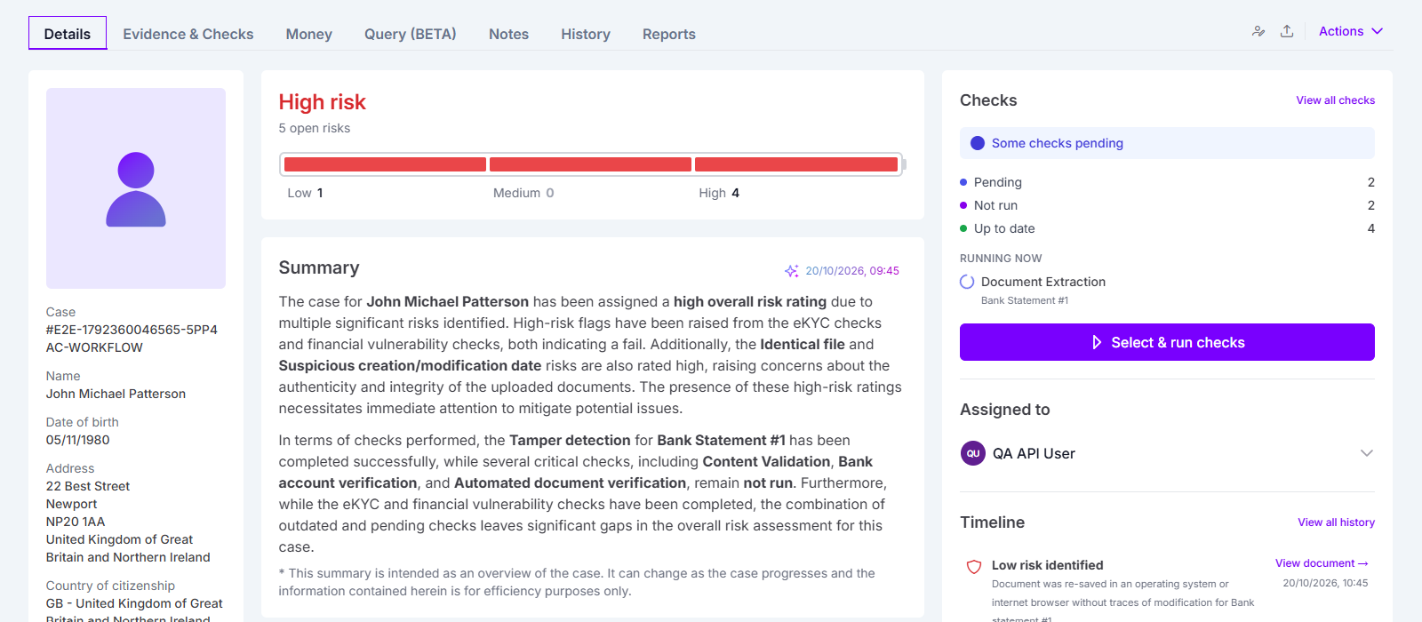Case overview showing risk summary and check progress
